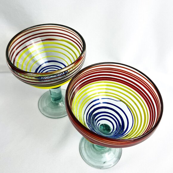 Mexican Hand-Blown Striped Margarita Glasses Heavy Large Barware 12 oz. Set of 2 - Picture 4 of 8